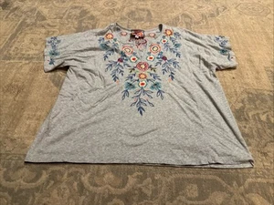 Johnny Was Baumwolltop Shirt grau Blumen V-Ausschnitt Damen Gr. Medium - Bild 1 von 5