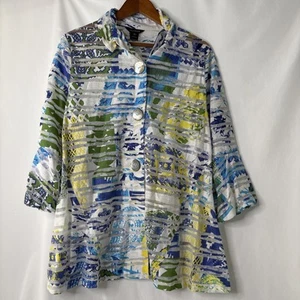 Multiples Colorful XL Collared 3/4 Sleeve Button Down Tunic Blouse Jacket Sheer - Picture 1 of 15