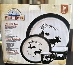 Bass Pro Cabelas 16 Piece Stoneware Dinnerware Set Lake House Rustic Deer Camp  - Picture 1 of 7