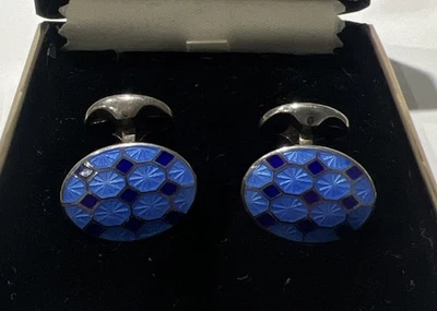 Deakin Francis Ralph Lauren Silver Enamel Blue Round Cufflinks Used - Image 1 of 4