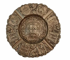 Large Antique Solid Bronze Ashtray With Portuguese Coat of Arms Portugal Ornate - Picture 1 of 8