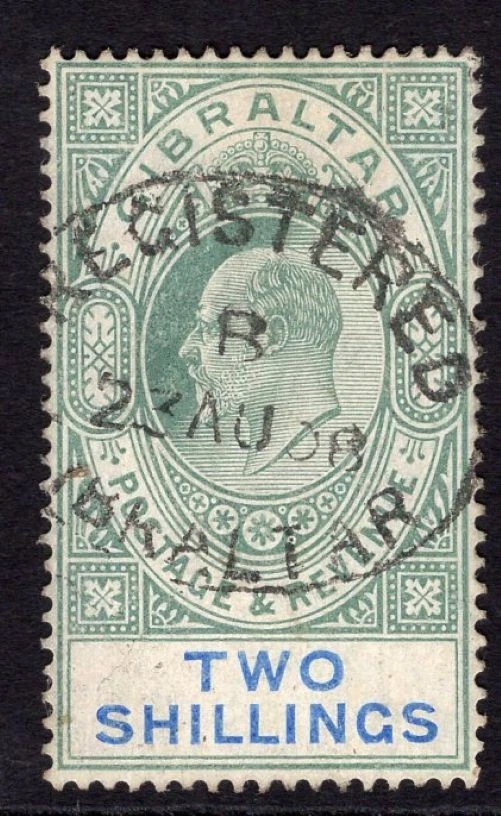 GIBRALTAR 1904-08 KEVII DEFINITIVO 2/- VERDE Y AZUL MUY FINO USADO. GIBONES 62. Foto 1 de 1