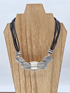 Chico’s Layered Black Seed Bead Necklace Clustered Silver Medallions 15” - Picture 1 of 10