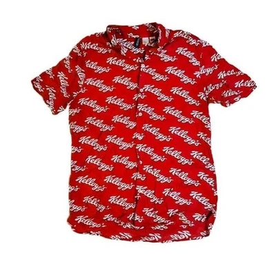 Kellogg's Button Shirt Men Medium Red Breakfast Cereal AOP Graphic Divided H & M - Image 1 of 4