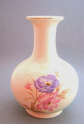 Jarrón japonés vintage beige de cerámica con decoraciones florales firmado Foto 1 de 3