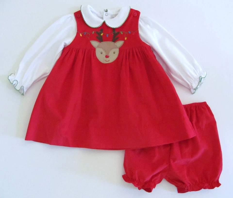 NWT Petit Ami Boutique Baby Girl Dress Set 18 Mo Red Corduroy Christmas Reindeer - Image 1 of 4