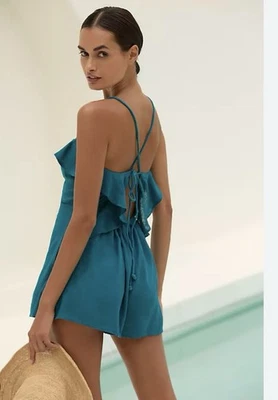 Anthropologie M MEDIUM Linen Cascading Flounce Romper, Teal Strappy Ruffle NWT - Image 1 of 3