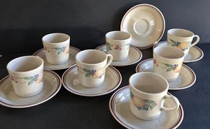 Corelle Abundance SET 7 Coffee Tea Mugs Cups & 8 Saucers Blue Maroon Bands - Picture 1 of 13