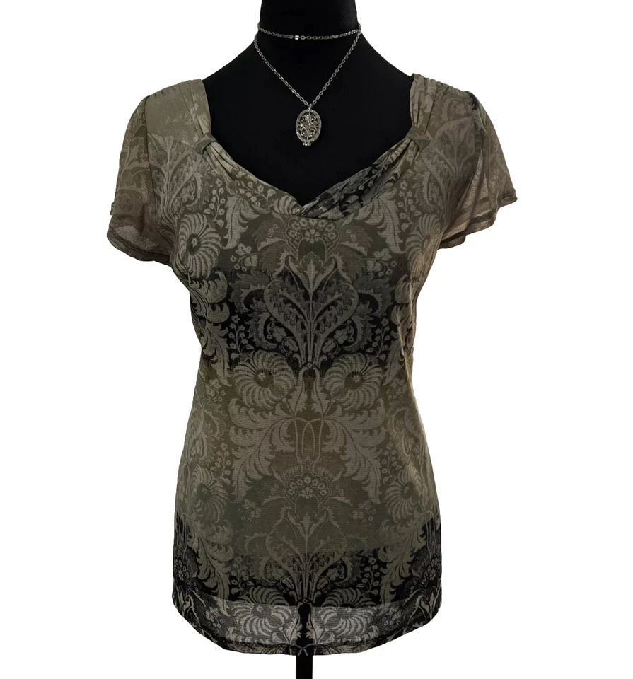 Axcess Sheer Floral Burnout Mesh Short Sleeve Blouse Top Sz Large VNTG 90s Goth — 第 1/4 张图片