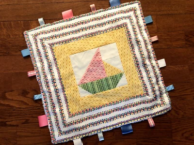 Taggy Blanket for Baby, Sailboat and Ribbons, Minky Fabric, 16.5x17.5in - Image 1 of 4