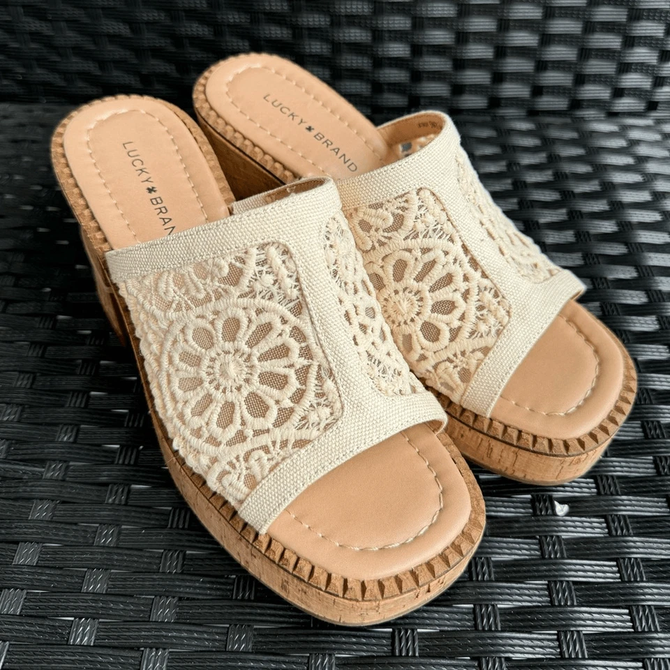 Sandalias Lucky Brand Talvy Plataforma Macramé Slide Tacones Boho Corcho Talla 5M Foto 1 de 4