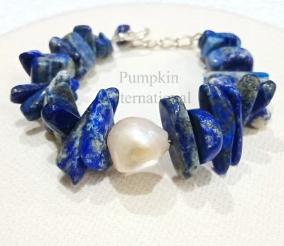 Blue Lapis Stone Chip Bead Bracelet With Sterling Silver Plated Chain - Image 1 of 4