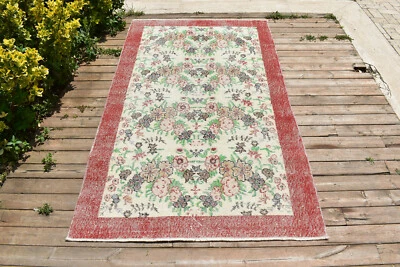 Alfombra Turca 44''x80"" Oushak Alfombra Oriental Floral Vintage Verde Rojo Alfombra Lana 3x6 Foto 1 de 4