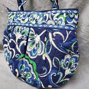 Vera Bradley Mediterranean Blue Banded Bucket Shoulder Bag Purse Navy Floral - Picture 1 of 12