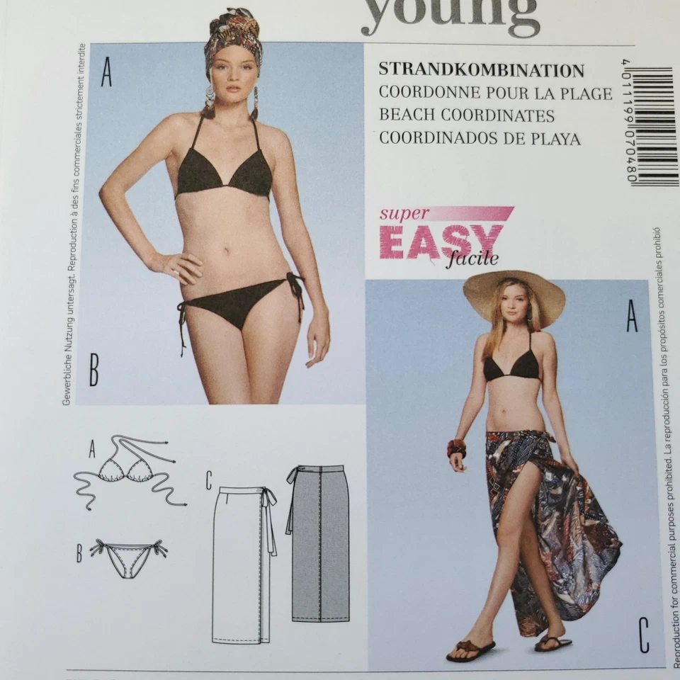 90s Burda Pattern 7048 Women String Bikini Swimsuit Sarong 6 8 10 12 14 16 - Image 1 of 3