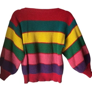 Vintage 80er Regenbogen Streifen Grobstrick Pullover Gr. M U-Boot Ausschnitt Exklusiv Import Selten - Bild 1 von 12