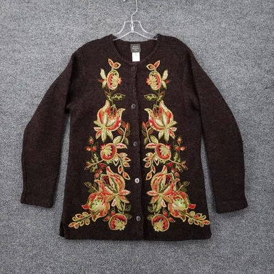 Susan Bristol Ltd Cardigan Womens Medium Brown Wool Embroidered Floral Sweater - Image 1 of 4
