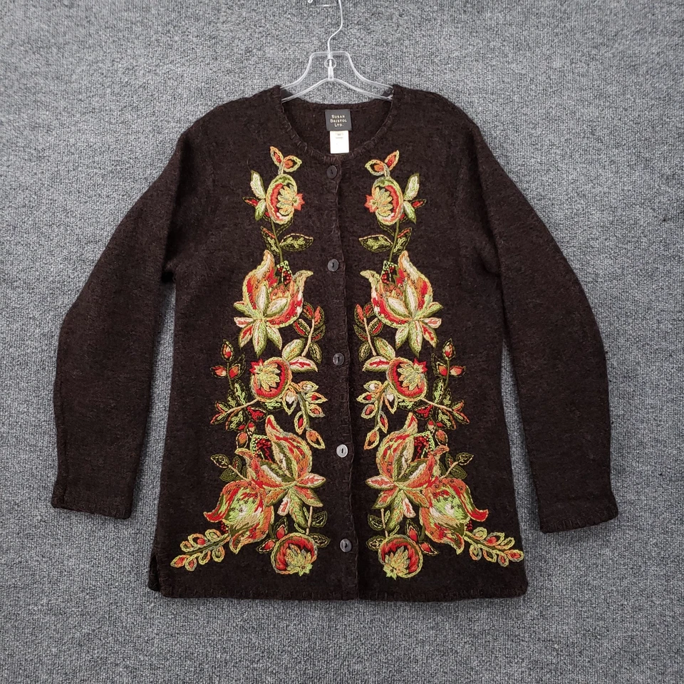Susan Bristol Ltd Cardigan Womens Medium Brown Wool Embroidered Floral Sweater - Image 1 of 4