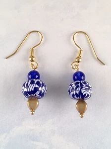 Royal Blue & White Bead Gold Dangle Drop Earrings for Women Handmade Jewelry - Picture 1 of 5