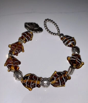 Beautiful 1985 Danforth Pewter Multicolor Art Glass Beaded Toggle Bracelet, ~7” - Image 1 of 4