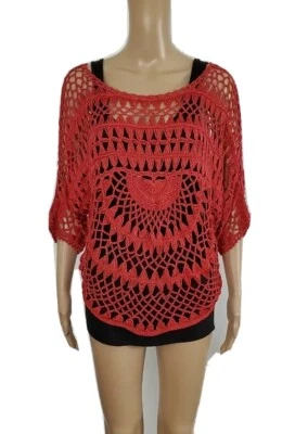 WILLOW & CLAY Cherry Red Crochet Open Knit Poncho Sweater Sz S - Image 1 of 4
