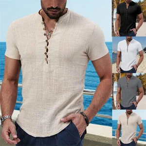 Mens Casual Short Sleeve Loose Cotton Blouse Linen Shirt Button Down Shirts Tops - Picture 1 of 15