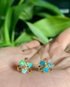 Vintage Antique Art Deco 14K Natural Black Opal Earrings Rare Design HTF - Picture 1 of 7