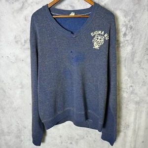 Vintage 60s Sigma Nu Sweater Mens Large Blue V Neck Long Sleeve College Frat - Picture 1 of 13