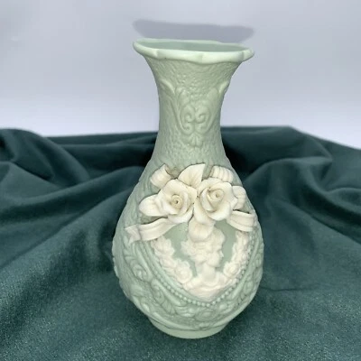Vintage JTS International Jasperware Vase Mint Green w Roses & Cameo 5.5” - Image 1 of 4