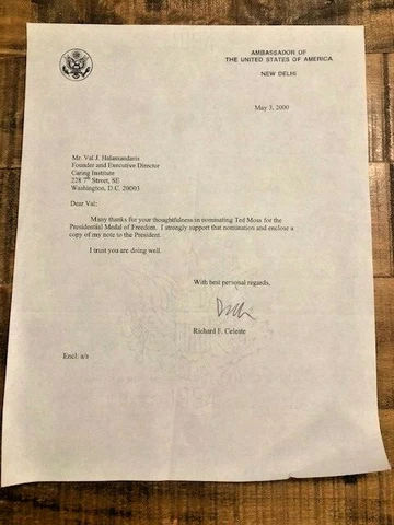 1 ORIGINAL Letter to Val Halamandaris/NAHC Fm: Richard Celeste - Amb. New Delhi Cover
