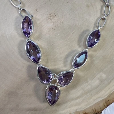 Amethyst Facetted Gemstone Statement Necklace 18" SS February Prom Cruise Gift - Image 1 of 4