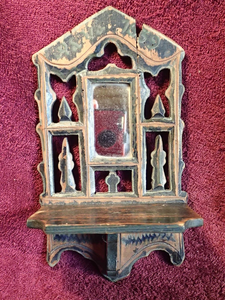 SMALLER ANTIQUE HANDMADE HANGING WOOD SHELF w MIRROR FOLK ART SWEDEN SWEDISH - Image 1 of 4