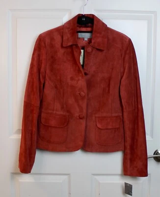 NUEVO CON ETIQUETAS Ann Taylor Rojo Oscuro-Naranja 100% Cuero Gamuza Botón Frontal Chaqueta Cuello Pequeño Foto 1 de 4