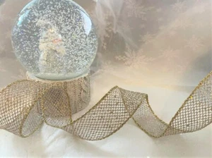GOLDEN SPARKLE MESH Christmas gold mesh web - Luxury Wire Edged Ribbon 38mm LOW - Picture 1 of 4