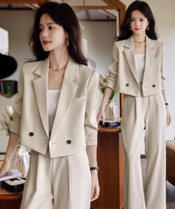 Womens Suits Jacket Pants Long Sleeve Cropped Short Coat Blazers Business Formal - Picture 1 of 33