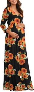 Xpenyo Women's Casual Maternity Maxi Dress V Wrap Baby Shower Pregnancy Dresses - Picture 1 of 4