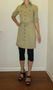 XS ❤️ MERONA ❤️ KNEE LENGTH DRESS SHIRT ❤️ TAN Office Sacual Buttons - Picture 1 of 7