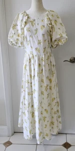 H&M DIVIDED Cotton Linen Maxi Dress puff sleeved Floral Print Size M - Picture 1 of 14