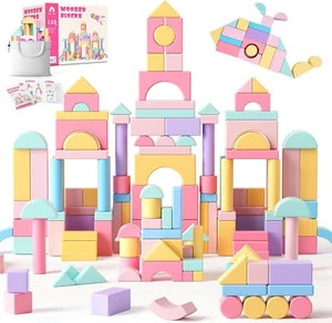 110PCS Wooden Building Blocks Set - Macaron Color Stacking Toy for Kids Ages 3+ - Picture 1 of 7