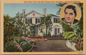 Postal de lino BRENTWOOD California STARS' HOMES "Home of TYRONE POWER" / c1940 - Imagen 1 de 2