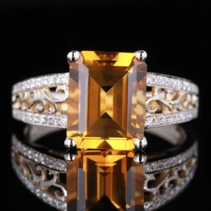 Emerald Cut Citrine Estate Engagement Eternity Diamond Fine Ring 14K Yellow Gold - Picture 1 of 7