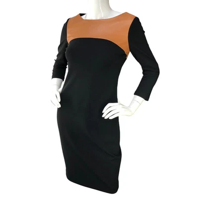 Calvin Klein Womens Size 4 Dress Round Neck Faux Leather Colorblock Black Brown - Image 1 of 4