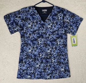 Landau Women's Size XSM Floral Print Scrub Top V Neck Blue Pockets NEW - Picture 1 of 13