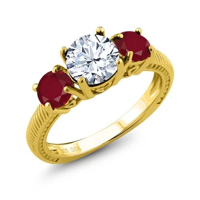 Anillo de plata chapado en oro amarillo de 18 quilates rubí rojo topacio blanco redondo de 2,50 quilates Foto 1 de 3