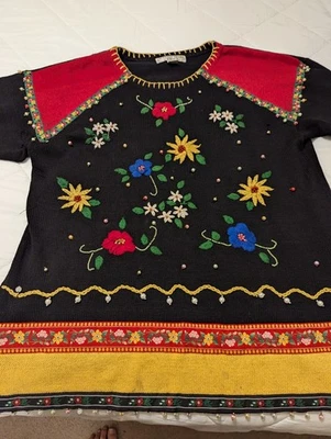 Holiday Sweater 女式 2x 码 Pointsettas 珍珠金色零件或维修复古 — 第 1/4 张图片