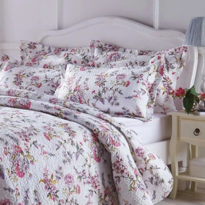 Quilted Bedspread Set Wild Flower Lilac Pink Printed Additional Shams Available - Image 1 of 2