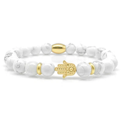 Howlith Armband Bracelet Perlenarmband Fatima 24k vergoldet weiß 8mm Edelstahl - Bild 1 von 2