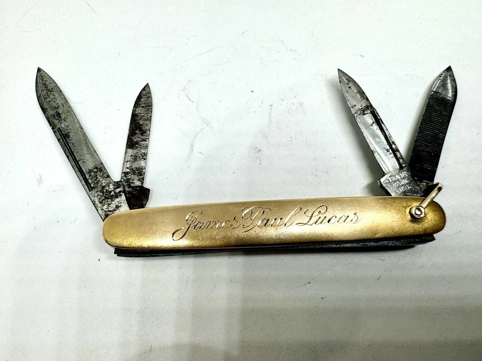 Navaja de bolsillo vintage de 4 hojas James Paul Lucas alias Diamond Jim's oro macizo de 10 quilates Foto 1 de 4
