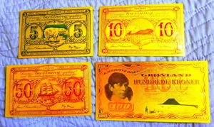++ GREENLAND : COLLECTION OF 4 GOLD POLYMER BANKNOTES 5 TO 100 KRONER ++ L - Picture 1 of 5