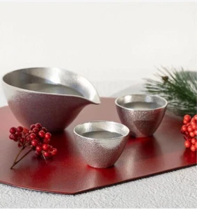 NOUSAKU Sake cups set 100% Tin KATAKUCHI-small and GUINOMI Sake cups 2 Set e0009 - Picture 1 of 22